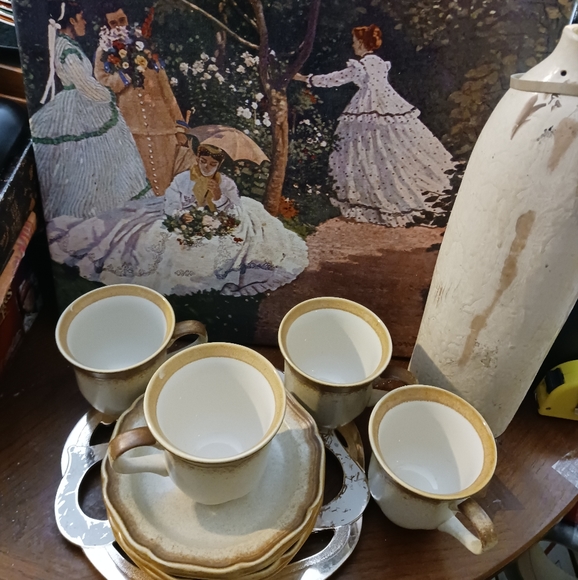 80's Mikasa WHOLE WHEAT Cream Center Brown Edge Stoneware Cups&Saucers Set 4. - Picture 5 of 16